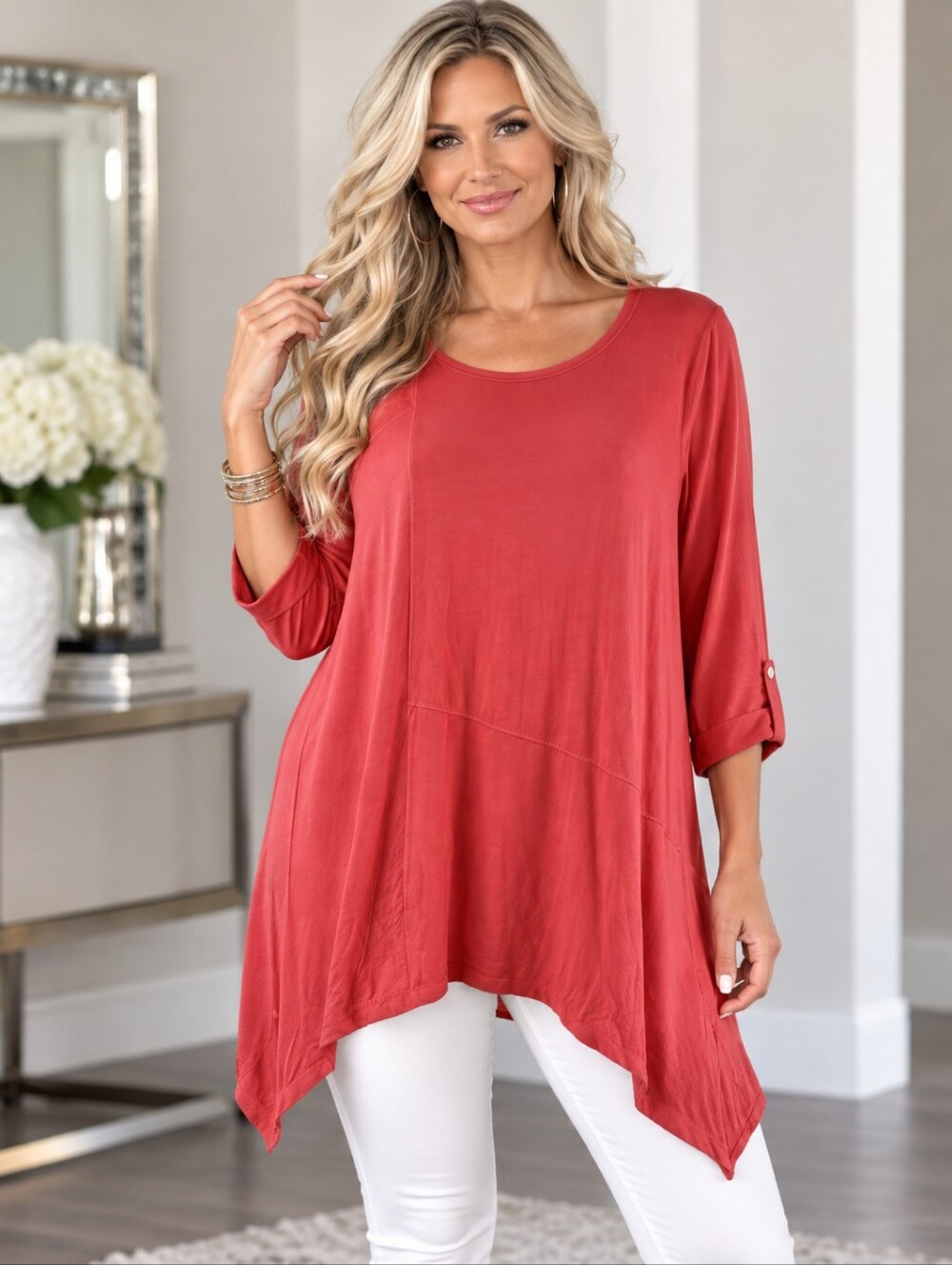 SLINKY Brand Coral Red Asymmetrical Hem Tunic Top